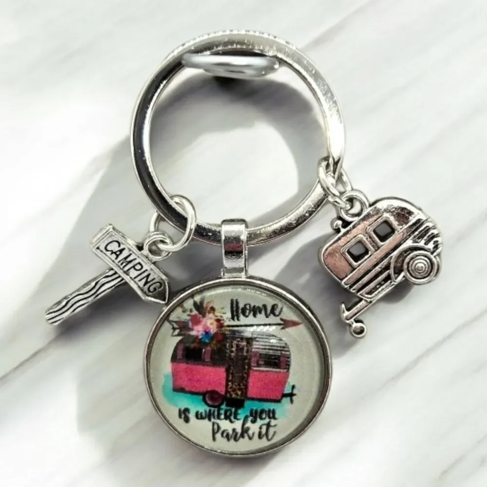 Retro Camper Keychain Home Is Where You Park It RV Glamping Bag Charm Key Ring